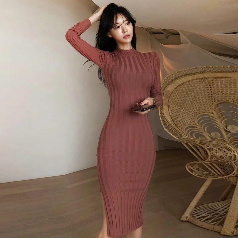 

Осень 2019 Новинка женское шикарное элегантное приталенное вязаное повседневное облегающее платье-футляр с длинными рукавами и разрезом Rac в...