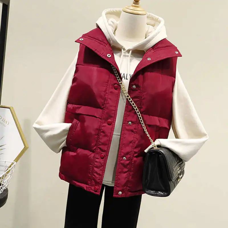 

Harajuku Style Solid Casual Sleeveless Vest Women Loose Single-Breasted Down Cotton Autumn Winter Jacket Women Waistcoat C7614
