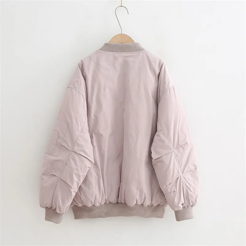 

Winter Long Sleeve Zipper Cotton Padded Coat Women Bomber Short Thick Solid Stand Collar Baseball Jacket Outerwear Female