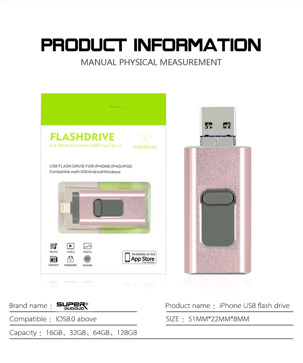 Usb флеш-накопитель 128 ГБ, 16 ГБ, 32 ГБ, 64 ГБ, флеш-накопитель HD, внешняя карта памяти для iphone 7, 7 Plus, 6, 6s Plus, 5S, ipad, флешка