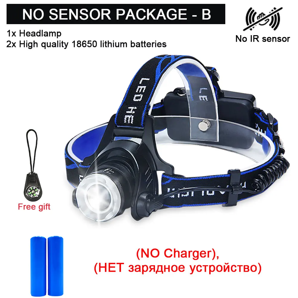 No sensor-B Светодиодный налобный фонарь для рыбалки головной светильник T6/L2 зум лампа Водонепроницаемый Головной фонарь вспышка светильник фонарь Использует 18650 Аккумулятор для велосипеда светильник - Испускаемый цвет: No sensor-B