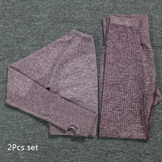 Wine Red 2Pcs Set Женский бесшовный комплект для йоги, колготки, мягкий спортивный бюстгальтер пуш-ап+ укороченный топ с длинными рукавами+ леггинсы для фитнеса с высокой талией, спортивный костюм для фитнеса - Цвет: Wine Red 2Pcs Set
