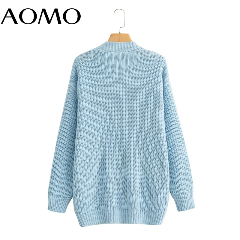 

AOMO Women Blue Oversized Long Cardigan Vintage Jumper Lady Vintage Cardigan Coat BC72A