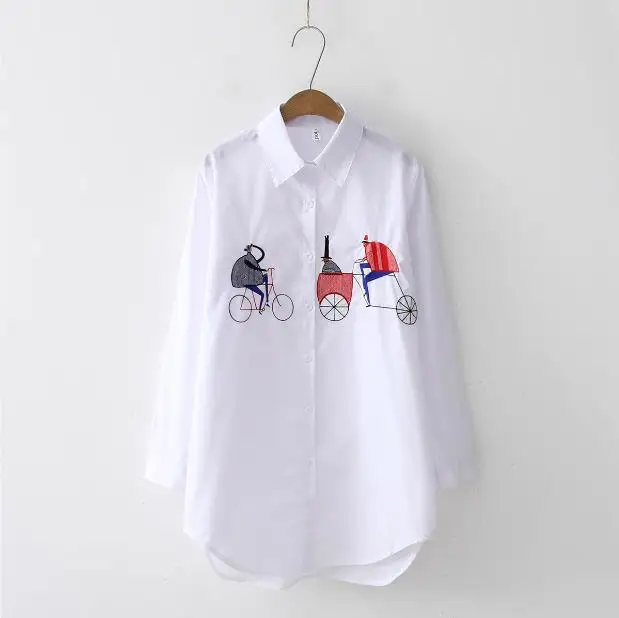 

2021 NEWEST White Shirt Casual Wear Button Up Turn Down Collar Long Sleeve Cotton Blouse Embroidery Feminina HOT Sale