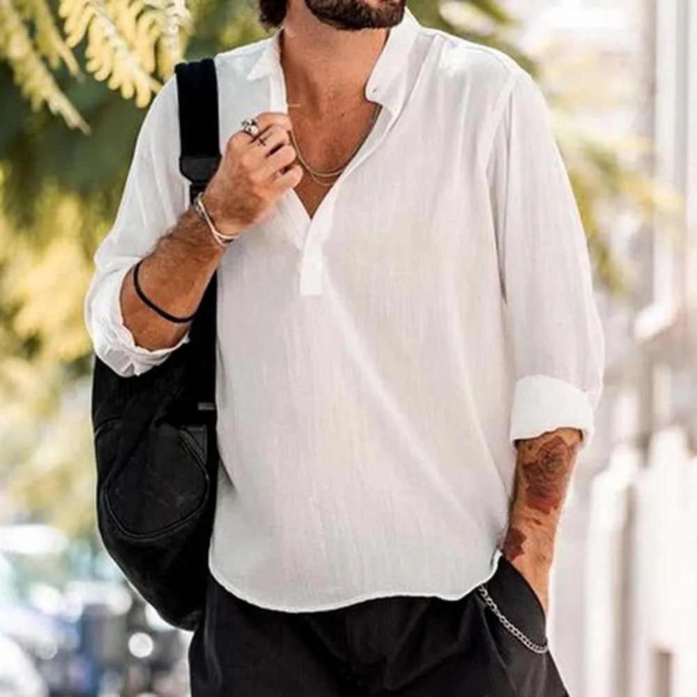 

Mens Long Sleeve Linen Shirt Loose Casual V-Neck Henley T-Shirts Blouse Tee Tops Summer Style Hawaiian Shirts Sexy Slim Fit Men