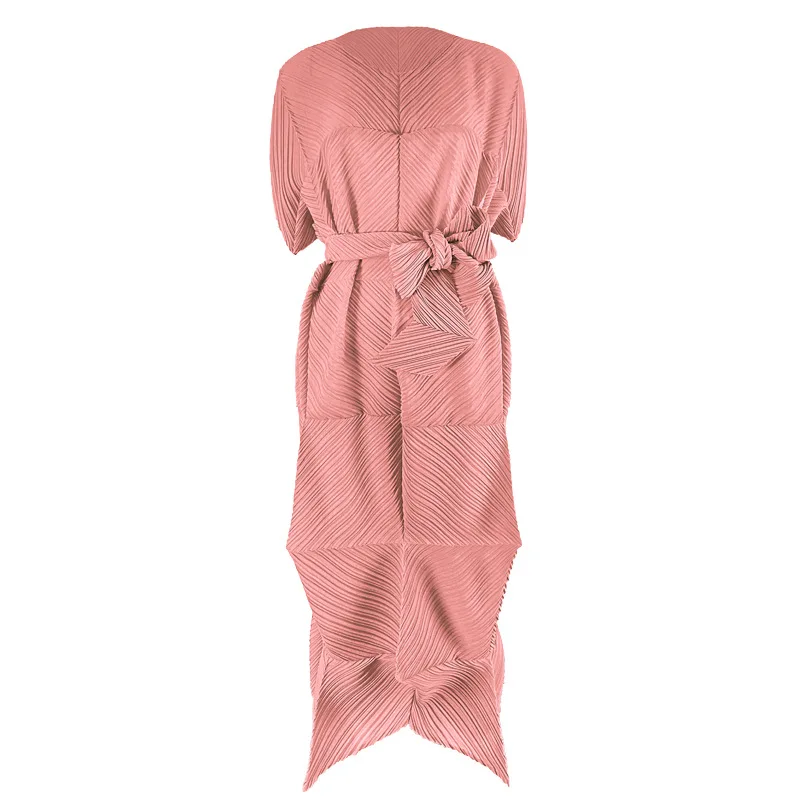 

TVVOVVIN Summer Korean Mid-length Dress Women's 2021 New Solid Color Short Sleeve Bandage Irregular Pleated Dress BSNR