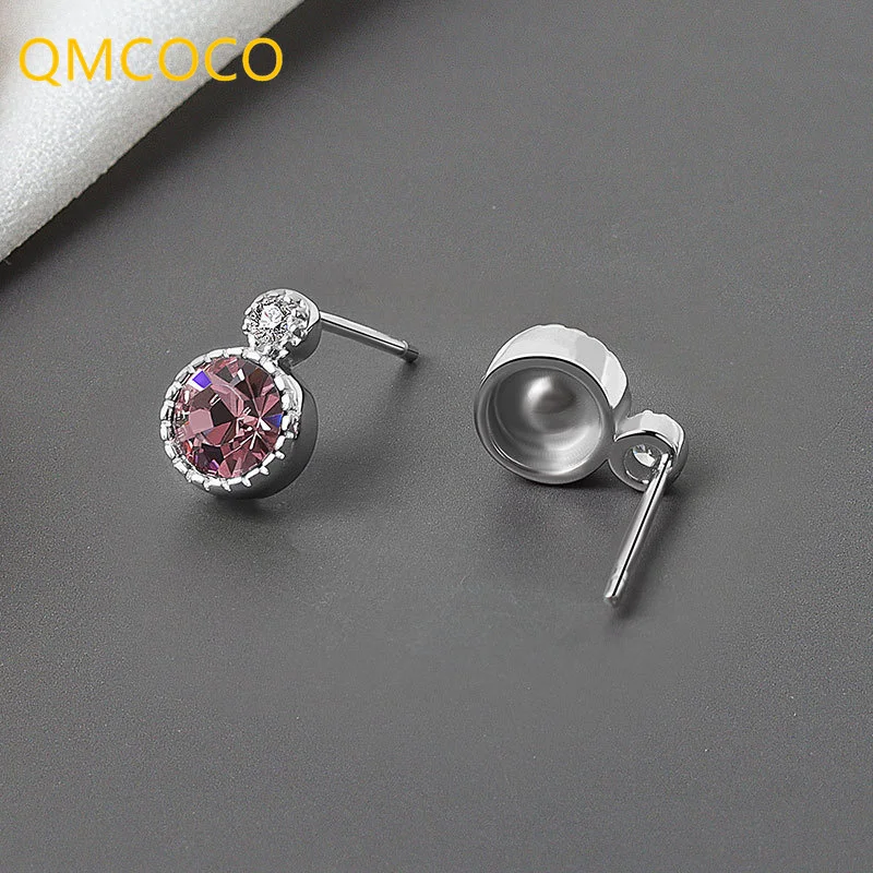 

QMCOCO 925 Silver Round Earrings For Women Trendy Fine Jewelry Vintage Simple Birthday Party Gifts Blue Pink Zircon Earring