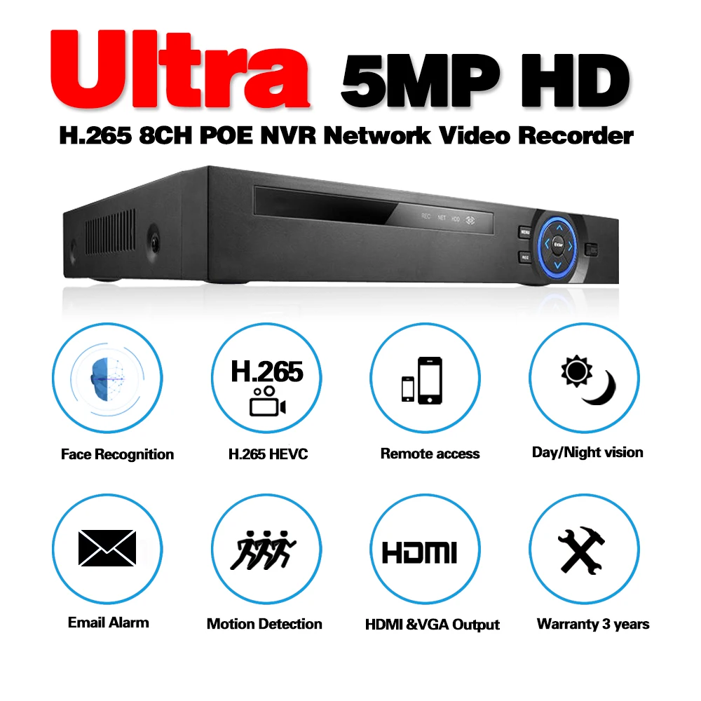 Сетевой видеорегистратор Nvr 8 каналов Поддержка Onvif Ip-камер 5 МП s Poe H.265 |