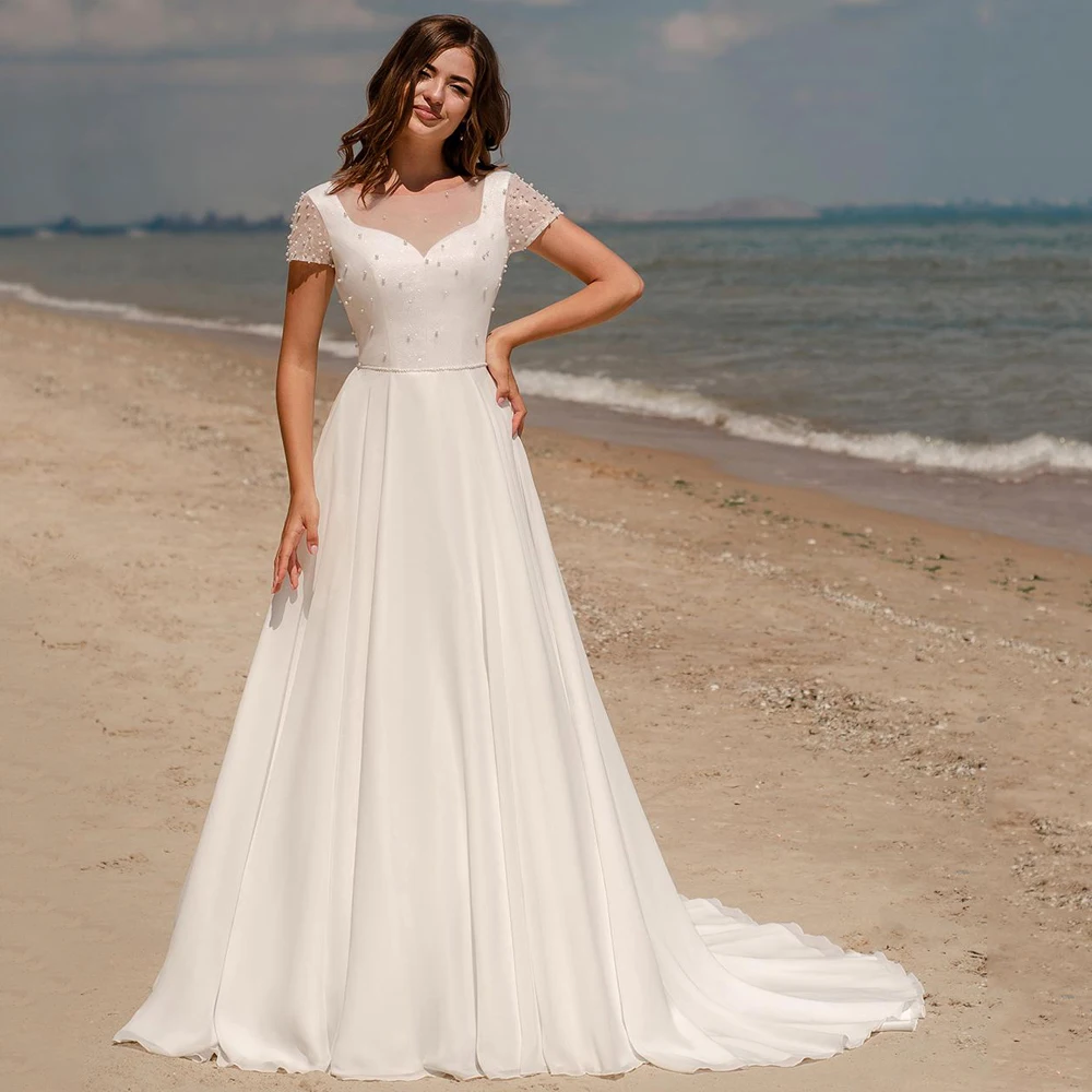 

Jiayigong Sexy Scoop Neck Short Sleeves Wedding Dress Vestido De Noiva 2021Beading Pearls A Line Chiffon Bridal Gown