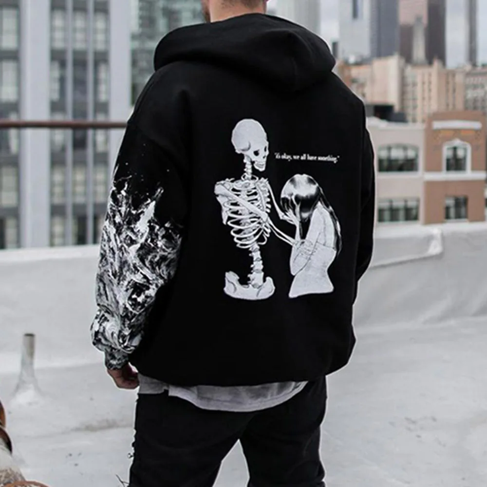 

Autumn New 2021 Europe America Men's Solid Color Hoodies Long Sleeve Fashion Skull Printing Hipster Design Casual Simplicity