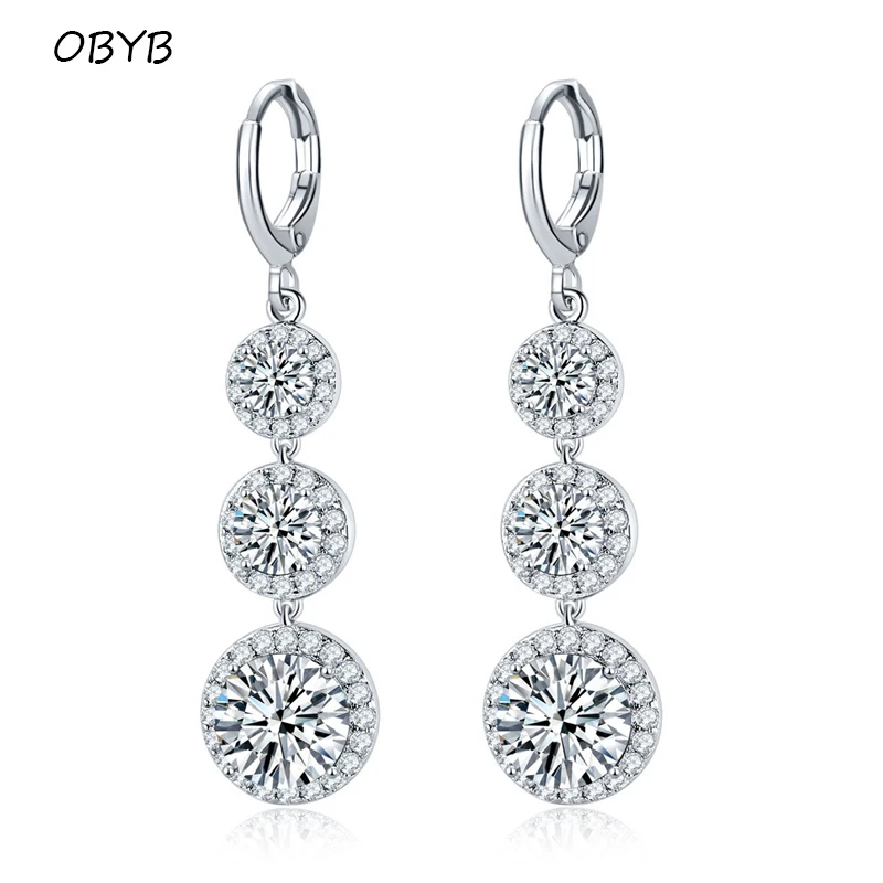 

OBYB Long Punk Dangle Drop Earrings White Gold Color Ear Clips CZ Earrings For Women Fashion Jewelry Simple Statement Earrings