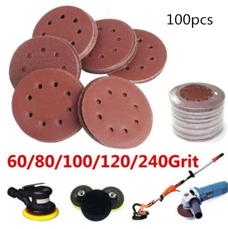 

100pcs 125mm Sandpaper 60-240 Grit Round Shape Sanding Discs Buffing Sheet Sandpaper 8 Hole Sander Polishing Pad Abrasive Tools