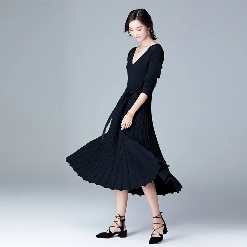 Осенне весенние Стильные женские вязаные платья сужающаяся к талии платье с v