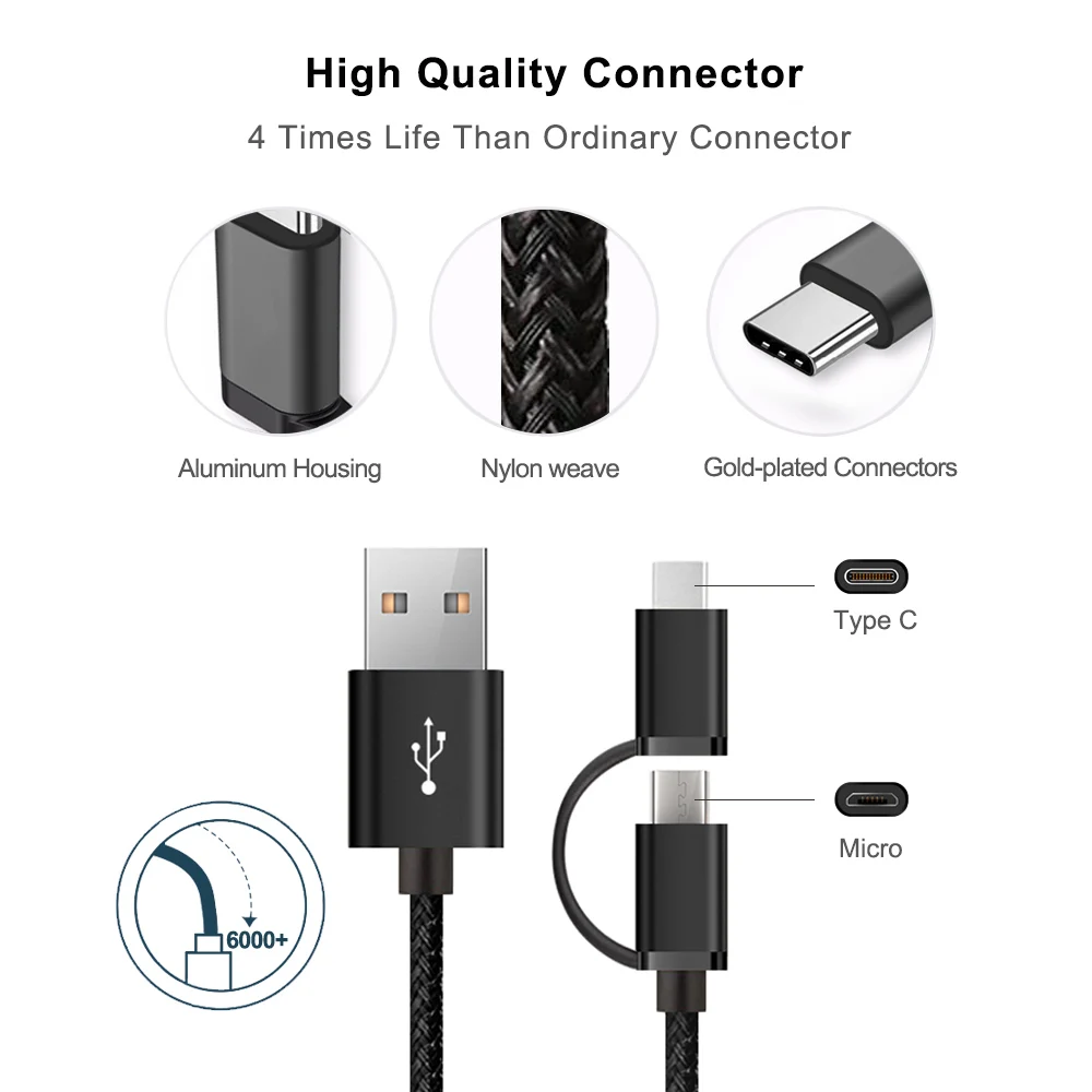 USB Type C Micro 2 IN 1 Fast Charge Cable For Xiaomi Huawei Samsung Nokia Sony Oukitel Mobile Phone Cables 0.5M 1M 2M 3M | Электроника