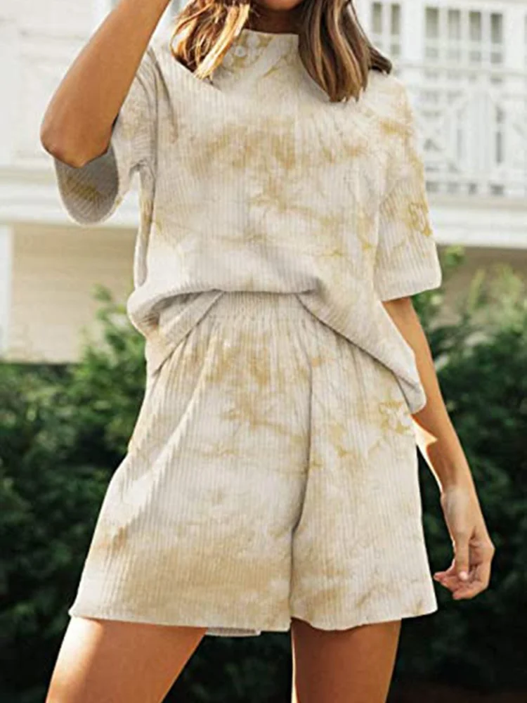 

2021 Summer Women's Leisure Time Tie-dye Pit Strip Solid Color Women's Home Clothes Fashion Shorts Short-sleeved Two-piece Suit