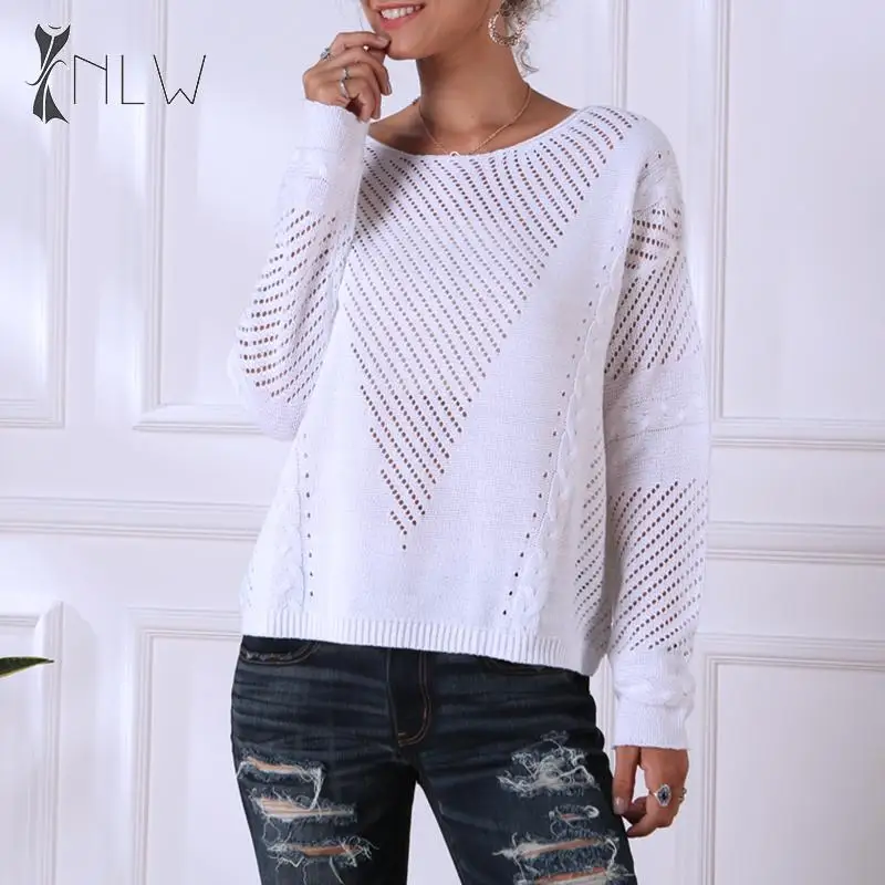 NLW Повседневный Белый Полый Свитер женский модный белый свободный пуловер 2019