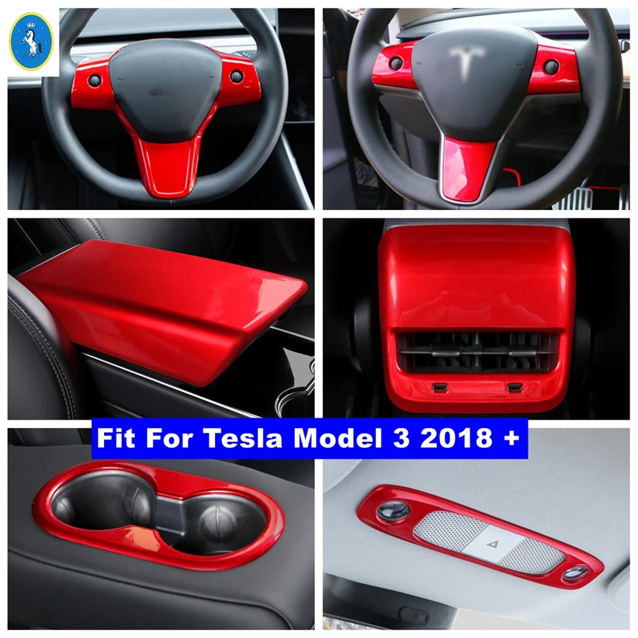 

Accessories Armrest Box Panel / Rear Air AC / Water Cup Holder / Steering Wheel Cover Trim For Tesla Model 3 2018 - 2021 Red Kit