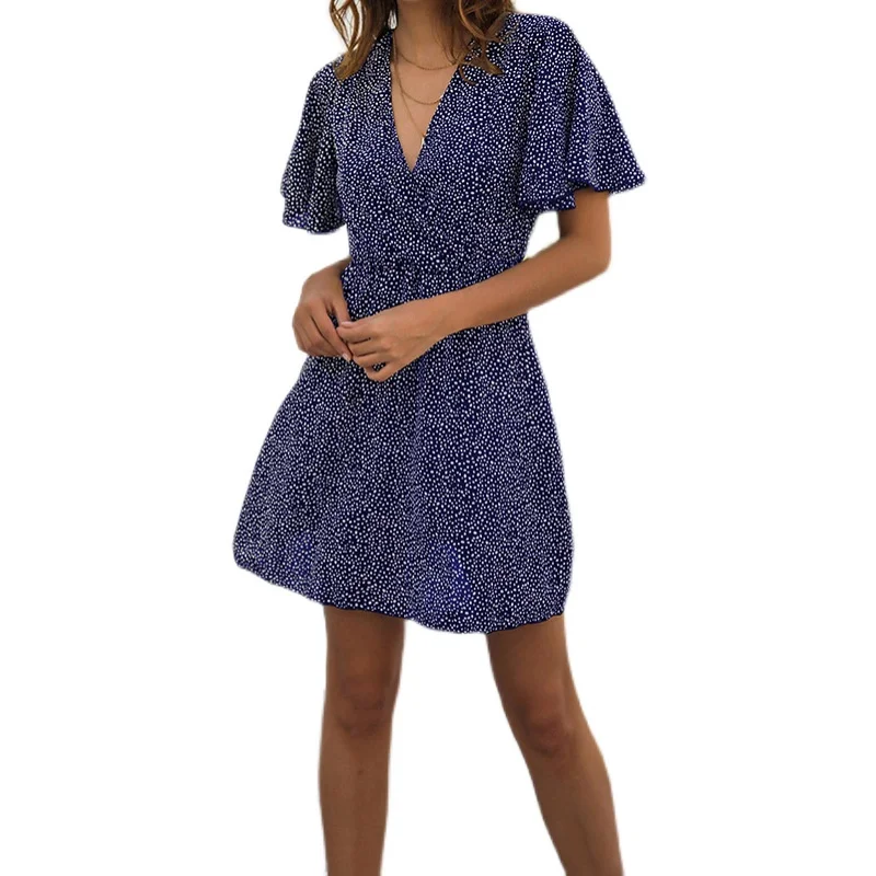 

COIGARSAM Sexy Short Sleeve Women dress V-Neck Dresses Blue L00361