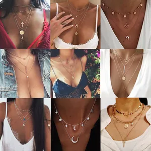 Женское Ожерелье с кулоном в виде звезды, Луны, Креста, сердца, многослойное золотистое длинное ожерелье, 2019, рождественский подарок