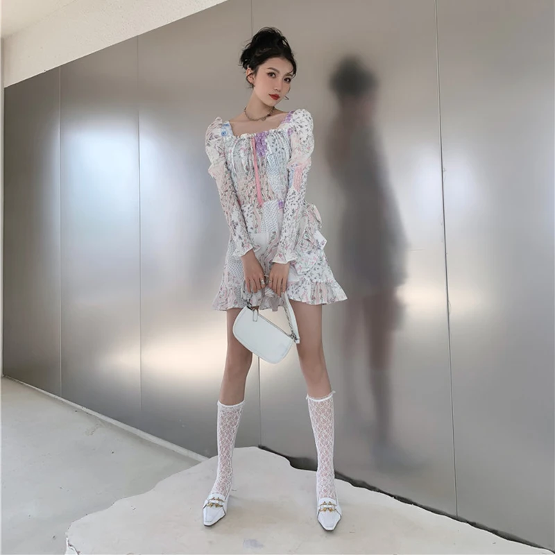 

XIZIHUPAN print Floral Plaid Patchwork Dress For Women Square Collar Puff Long Sleeve A Line Mini Women's Dresses 2021 Fashion