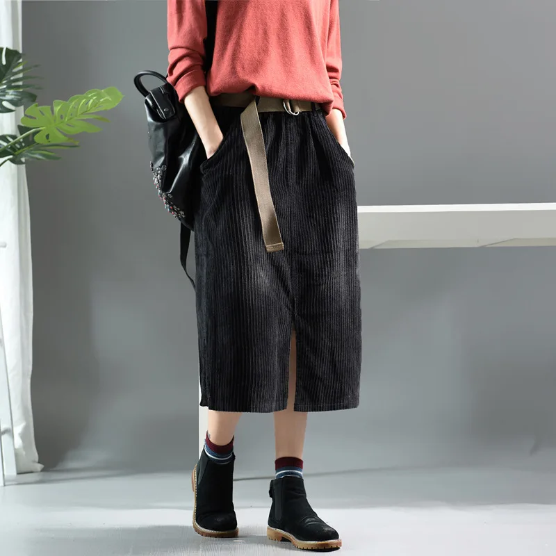 Осенняя Женская юбка в стиле ретро с эластичным поясом Вельветовая разрезом