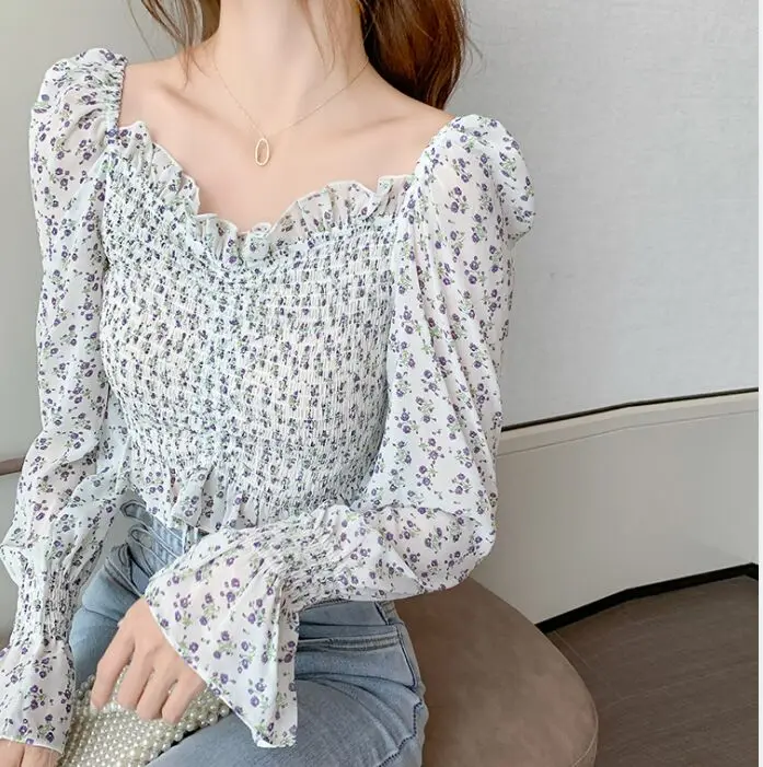 

Women Ruffles Slash Neck Stretchy Chiffon Blouse Shirts Tee Girls Full Flare Sleeve Printed Floral Blouses shirts Tops Female