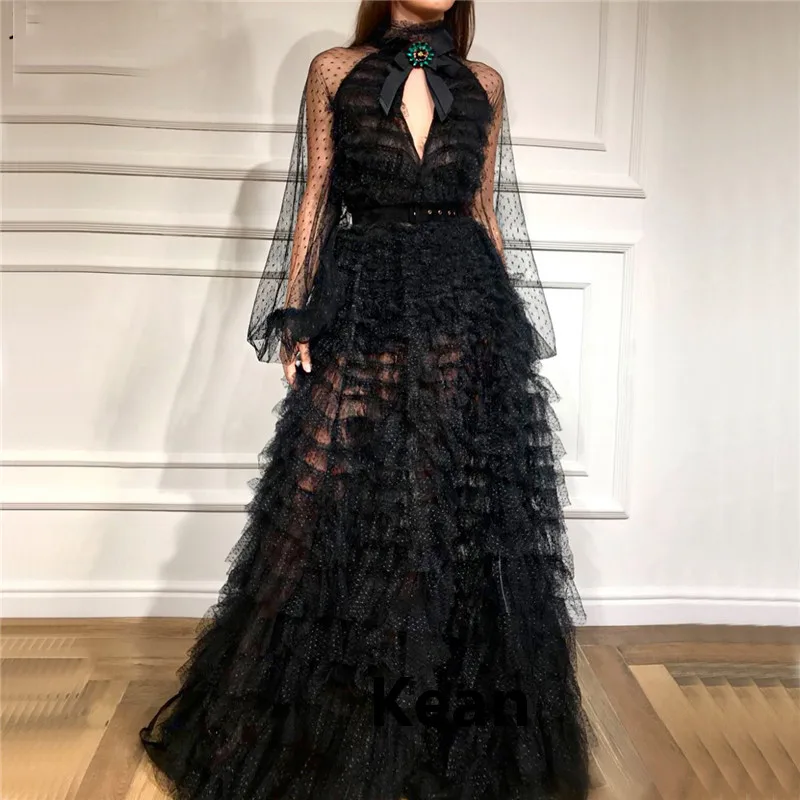 

Black Lace Evening Dress Ruffle Illusion Puff Sleeve Special Occasion robe soiree Dubai Kaftan Saudi Arabic Boho Prom Dress