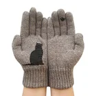 Зимние перчатки для мужчин и женщин, теплые трикотажные перчатки с принтом милого кота и птицы для подростков, ветрозащитные зимние теплые мягкие