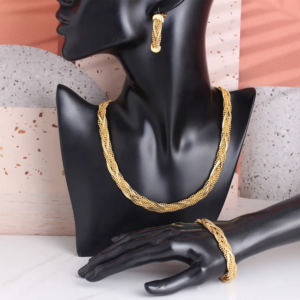 

Fashion Women Gold Plated Jewelry Sets Punk Twist Necklace Bracelet Dangle Earrings Weddings Bridal Jewelry Set Christmas Gifts
