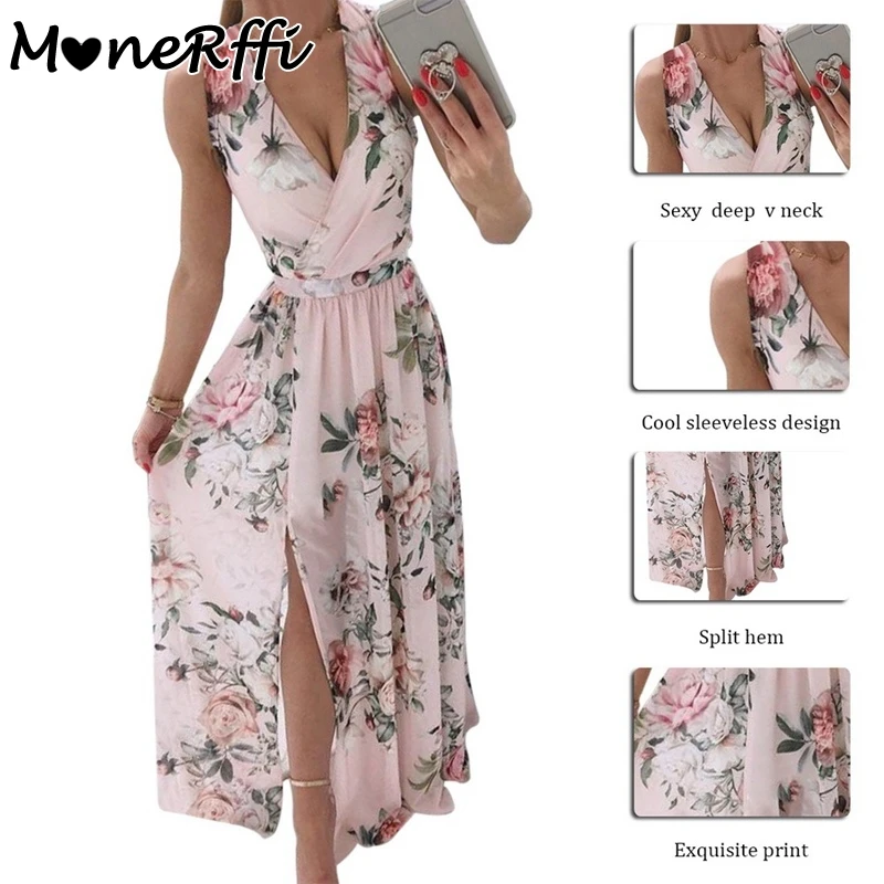 

MoneRffi Summer Deep V-Neck Sleeveless Beach Dress Elegant Women Chiffon Split Maxi Party Dress Vintage Floral Print Long Dress