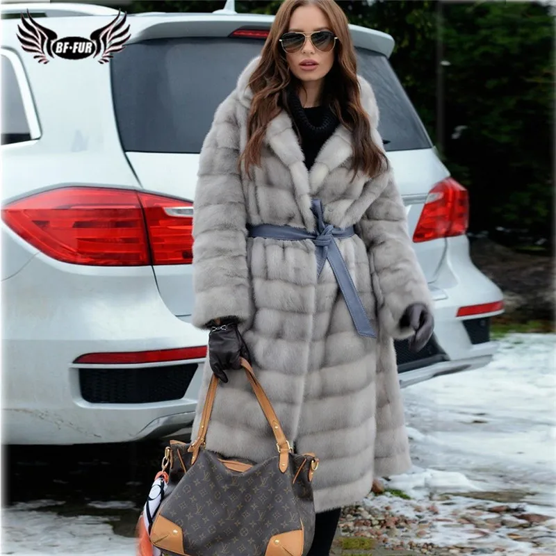 

BFFUR Winter Long Real Fur Coat Fashion Outwear Luxury Women Full Pelt Genuine Mink Fur Coats With Turn-down Collar Overcoats