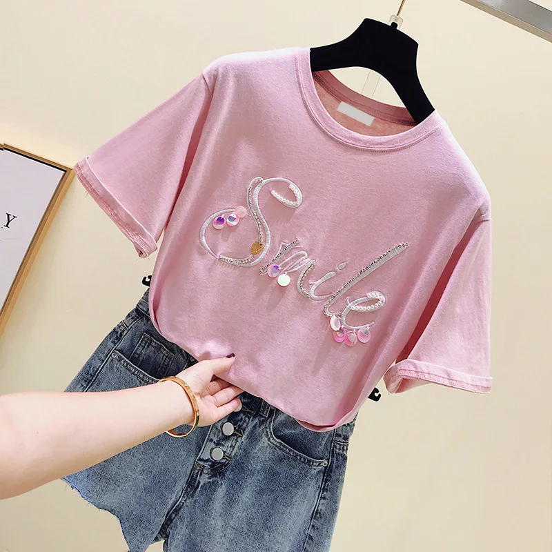 Модная женская футболка с блестками и жемчугом женские топы хлопковая белая