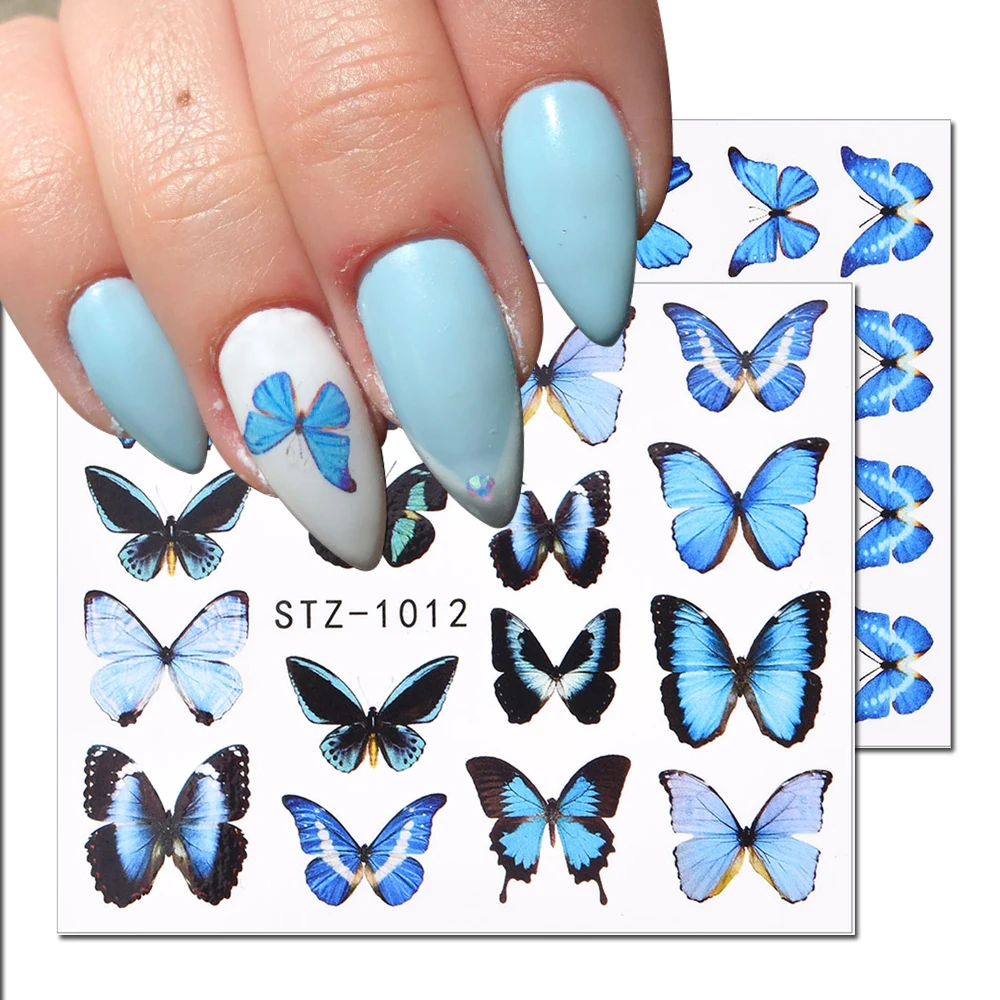 

3D Nail Butterfly Stickers Watercolor Decals Blue Flowers Sliders Wraps Manicure Summer Nail Art Decorations Wholesale