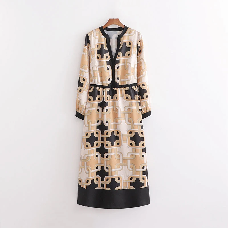 Женское винтажное платье миди с принтом цепей Элегантное повседневное