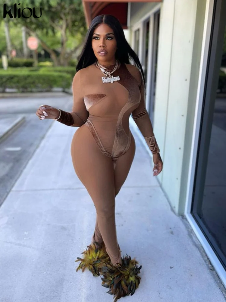Kliou Stitching Mesh Jumpsuit Women Sexy See Through Irregular Shape Midnight Style One Pieces Sheath Slim Female Clubwear Hot |