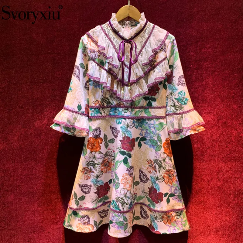 Svoryxiu High End Винтаж Платье с цветочным принтом Для женщин Flare SleeveTiered кружевным гофрированным воротником осень вечерние взлетно-посадочной полосы мини платье vestdios