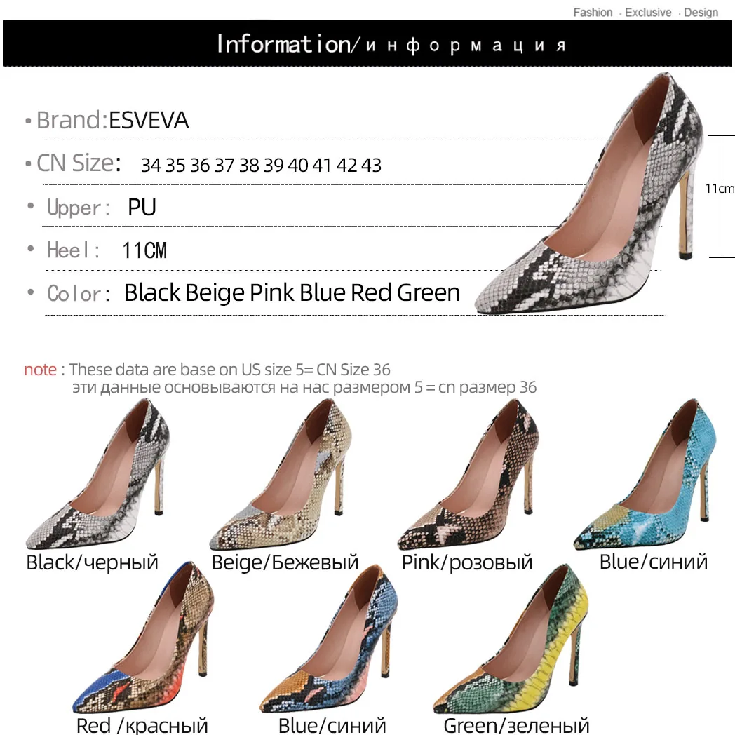 

ESVEVA 2020 Snakeskin PU Leather Thin High Heel Party Women Pumps Fashion Pointed Toe Slip on Women Single Shoes Big Size 34-43