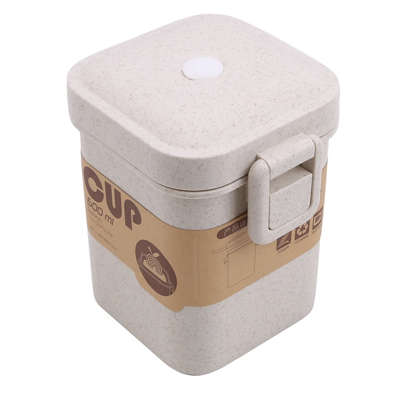 beige Multicolor Wheat Straw Soup Cup Anti-scalding Microwave Square Buckle Sealed Soup Tank Kitchen Tableware - Цвет: beige