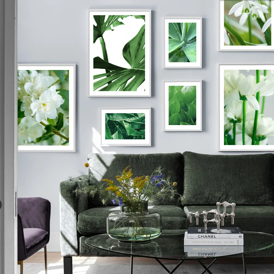 

Green Plants White Flowers Wall Art Print Monstera Agave Aloe Canvas Painting Nordic Poster Leaf Pictures for Living Room Decor
