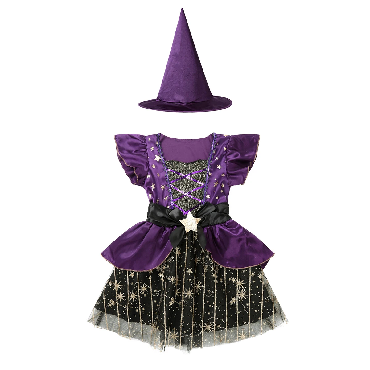 

Костюм ведьмы детский, с блестками, с короткими рукавами, в виде звездочек, с остроконечной шляпой, 2 шт.