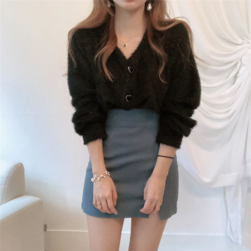 

New 2021 Women's Autumn Winter Sweaters Fake Cashmere Elegant Lady Cardigan Vintage Short Knitwear Tops