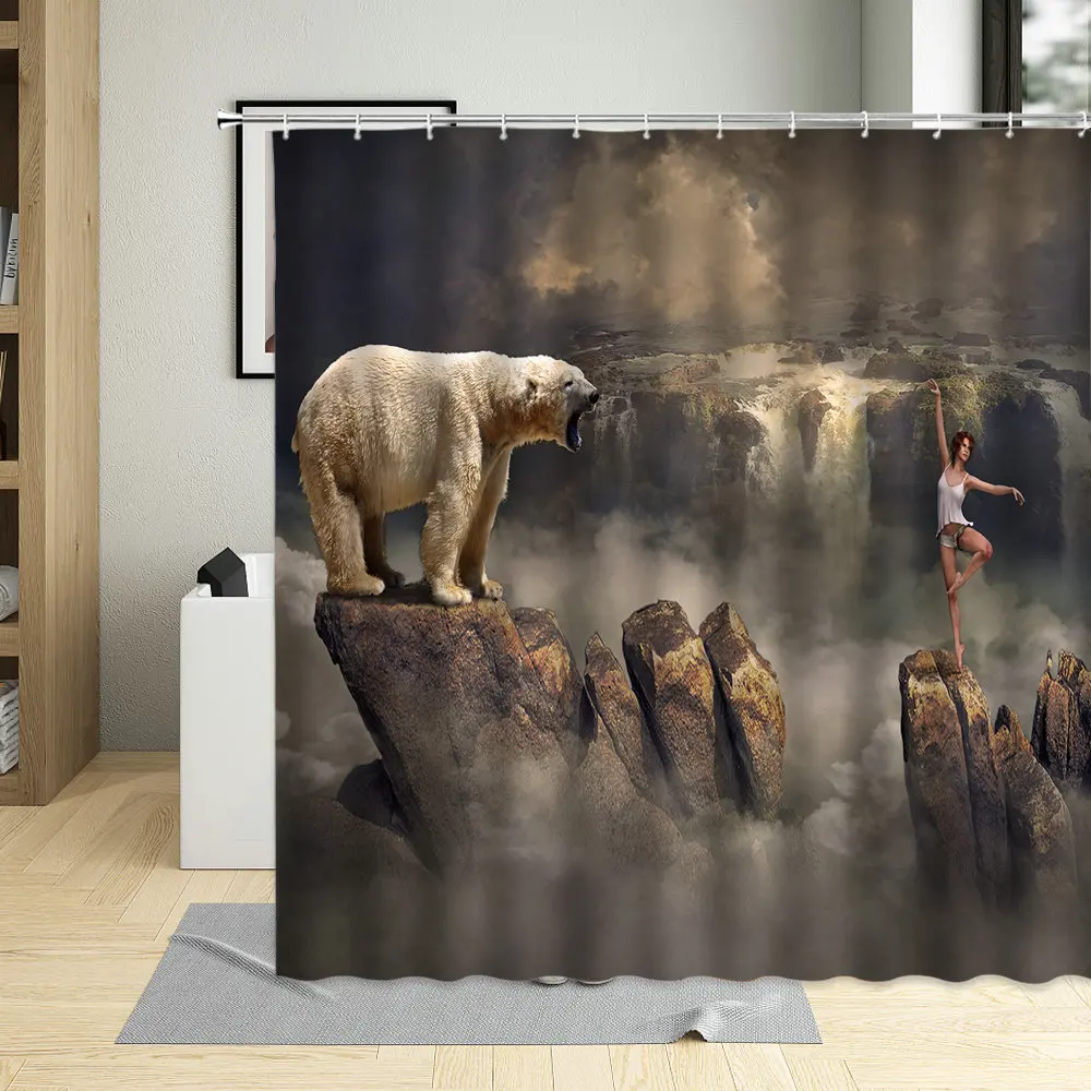

Cute Polar Bear Portrait Shower Curtain Arctic Animals Swimming Underwater Print Kids Bathtub Decor Waterproof Bathroom Curtains