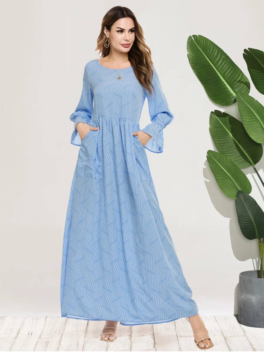 

Muslim Ramadan Eid Mubarak Islamic Dubai Middle East Turkish Ladies Trumpet Sleeve Pocket Large Pendulum Printed Long Robe Dress