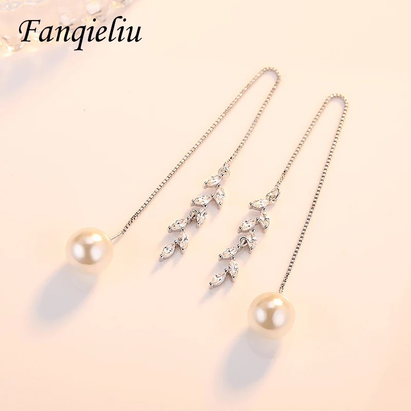 

Fanqieliu Pearl Long Chain 925 Sterling Silver Drop Earrings For Women Retro Olive Leaf Crystal Dangler Fine Jewelry FQL193265