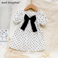 mudkingdom girls princess dress bow knot puff sleeves elastic wave point square collar dresses for kids fashion summer clothes