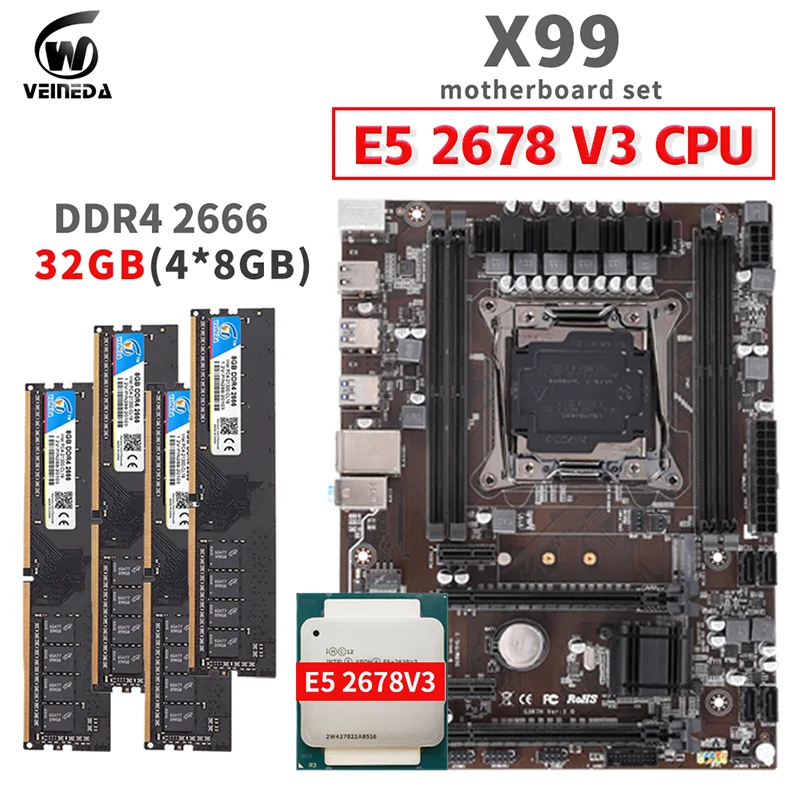 Verkaufen VEINEDA Original X99 Chipset Ddr4 Motherboard Set LGA 2011-3 Set Mit CPU Xeon E5 2678 V3 32gb 4*8GB 2666MHz DDR4 Speicher