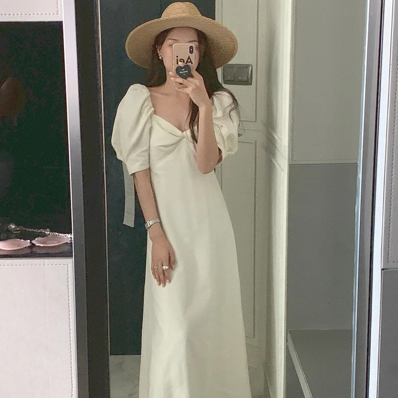 

French Retro Dress Women Elegant Korean Sweet Designer Ruffles Chic Dress Female White Long Korean Party Midi Dress 2021 Summer