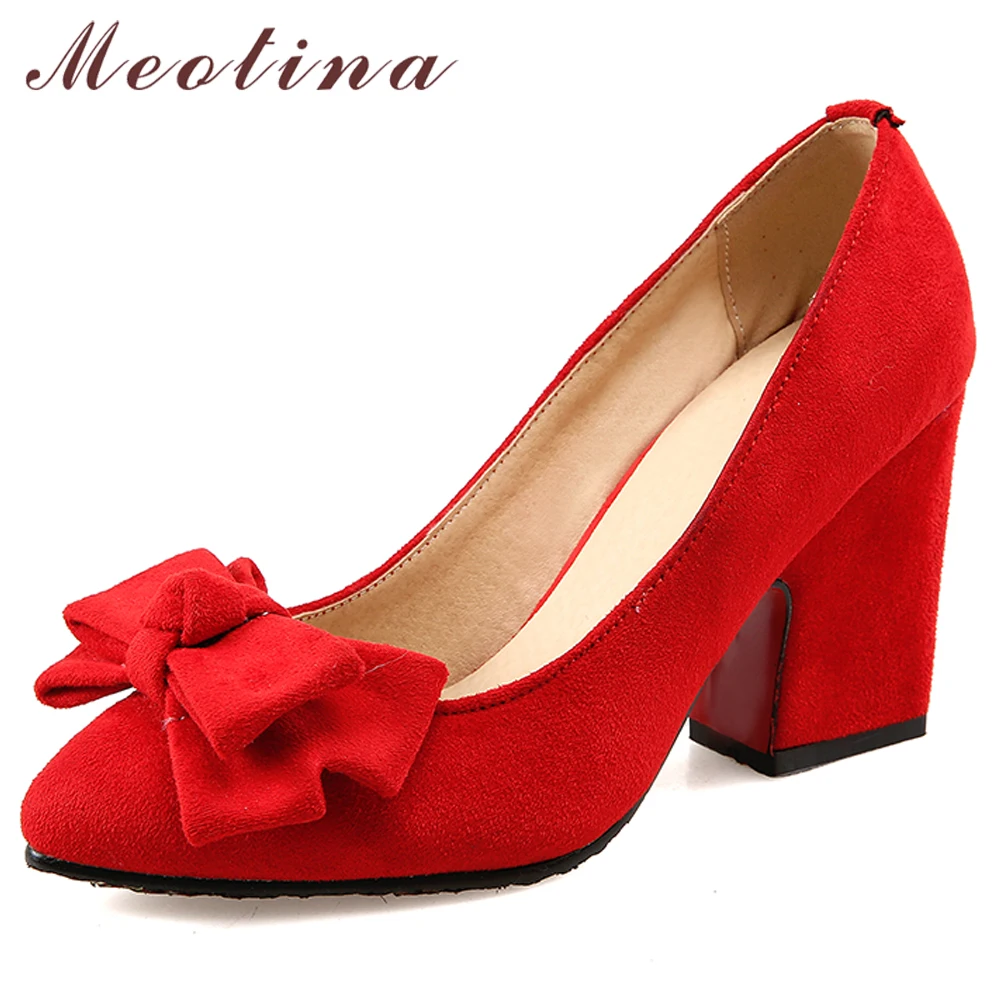 

Meotina Pumps Super High Heel Women Shoes Chunky Heel Red Bridal Shoes Bow Pointed Toe Ladies Footwear Yellow Large Size 33-43