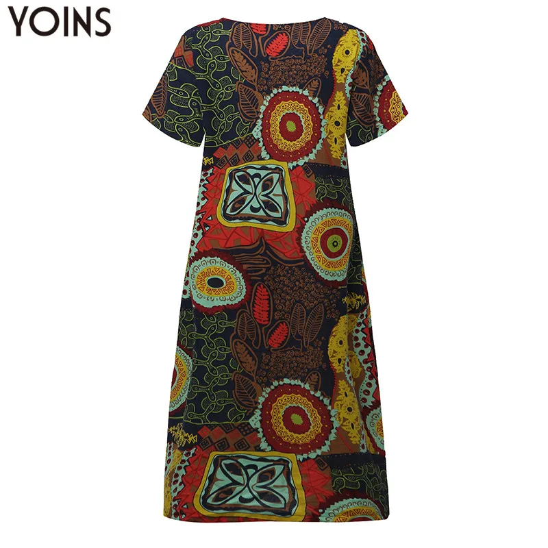 M-5XL2019 YOINS Новое Женское платье с круглым вырезом и цветочным принтом с коротким рукавом из хлопка и льна Повседневное Платье До Колена мешковатое Платье-туника размера плюс