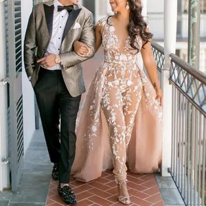 Сексуальный кружевной вечерний комбинезон, длинные платья 2021, иллюзия, V-образный вырез, съемный шлейф, Дубай, Саудовский, арабский стиль, женские платья для выпускного вечера и вечеринки